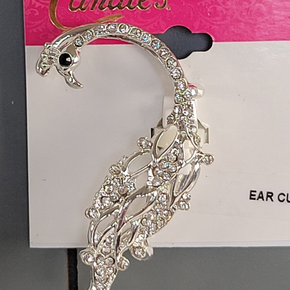 Candie's Silver Crystal Peacock Ear Cuff Pierced Earring 2.2" With Free Gift Bag